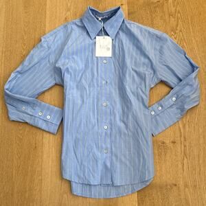 NIA - Jules Striped Button Front Long Sleeve Tie Back Shirt in Blue & White